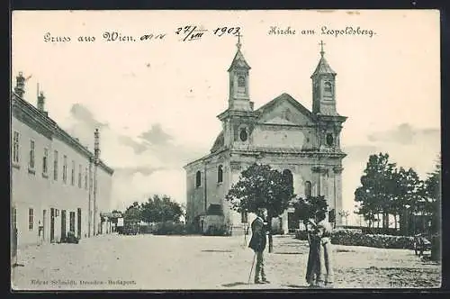 AK Wien, Kirche am Leopoldsberg mit Gasthaus