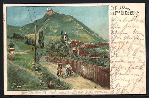 Lithographie Wien, Strassenpartie mit Blick zum Leopoldsberg