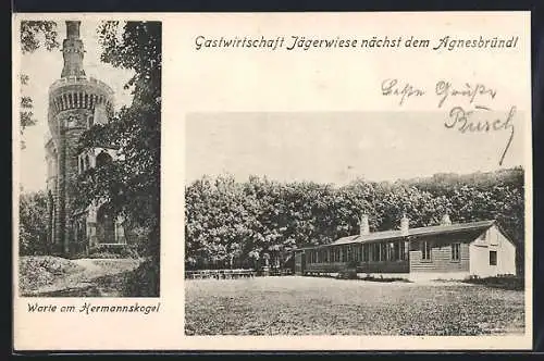 AK Wien-Sievering, Gasthaus Jägerwiese nächst dem Agnesbründl, Warte am Hermannskogel