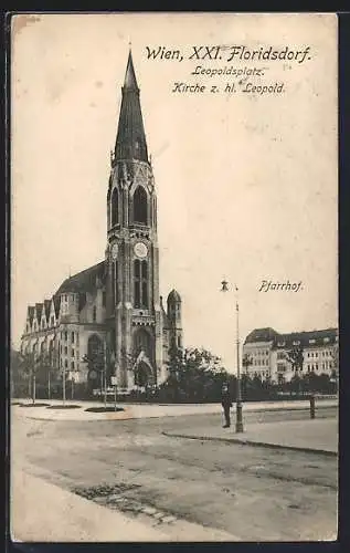 AK Wien, Floridsdorf, Kirche z. hl. Leopold und Pfarrhof, Leopoldsplatz