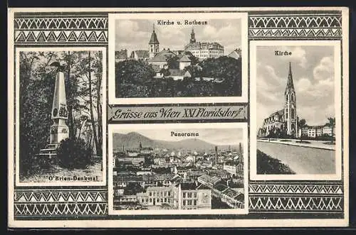 AK Wien, Floridsdorf, O`Brien-Denkmal, Kirche und Rathaus
