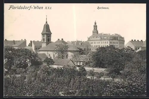 AK Wien, Floridsdorf, Panorama mit Kirche und Rathaus