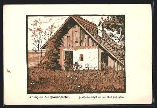 Künstler-AK Wien, Floridsdorf, Landheim der Floridsdorfer, Holzschnitt von Karl Haselböck