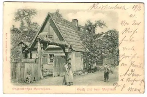 Relief-AK Vogtländisches Bauernhaus, Frau in Tracht