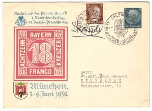 Dekorativer Briefumschlag München, 45. Deutscher Philatelistentag 3. + 4. Juni 1939, Ganzsache 4 Pfennig