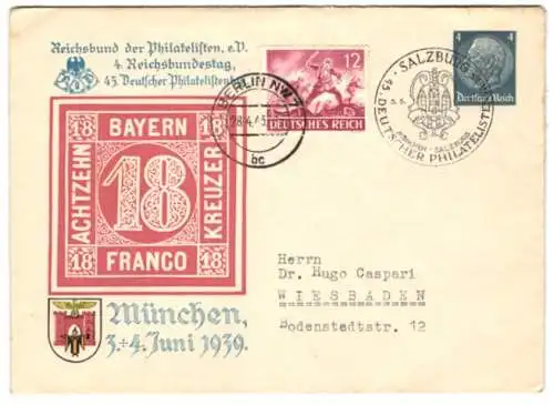 Dekorativer Briefumschlag München, 45. Deutscher Philatelistentag 3. und 4. Juni 1939, Ganzsache 4 Pfennig