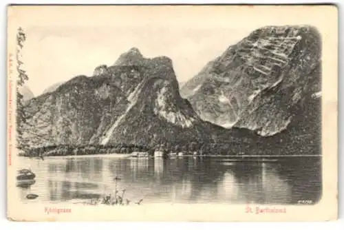 Relief-AK St. Bartholomä am Königssee, Panorama mit Gebirge