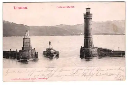 Relief-AK Lindau, Dampfer bei der Hafeneinfahrt