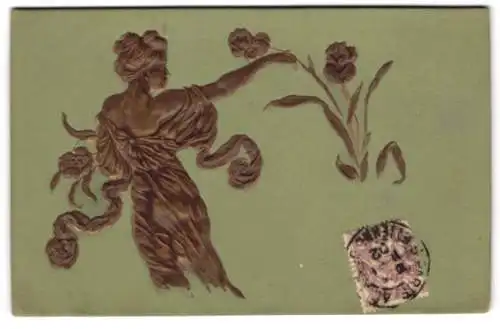 Relief-AK Schöne Frau pflückt Blumen, Jugendstil