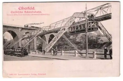 Relief-AK Elberfeld, Electrische Schwebebahn an einer Eisenbahnbrücke