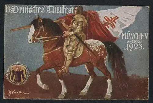 AK München, 13. Deutsches Turnfest 5-21. Juli 1923, Ritter in goldener Rüstung, rückseitig aufgeklebte Turnfest-Münze