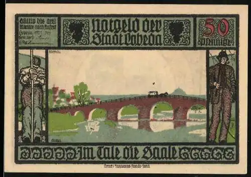 Notgeld Lobeda 1921, 50 Pfennig, Brücke über die Saale und Burgruine, Soldat und Wappen