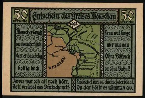 Notgeld Monschau 1921, 50 Pfennig, Gutschein des Kreises Monschau mit Landkarte und Text in deutscher Sprache