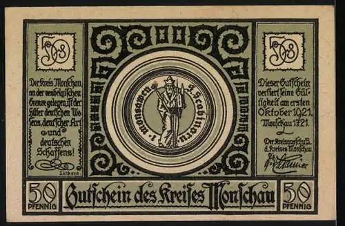 Notgeld Monschau 1921, 50 Pfennig, Gutschein des Kreises Monschau mit Landkarte und Text in deutscher Sprache