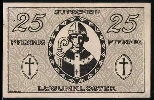 Notgeld Lügumkloster, 1920, 25 Pfennig, Gutschein mit religiösem Symbol und Schriftzug der Gültigkeit