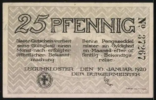 Notgeld Lügumkloster, 1920, 25 Pfennig, Gutschein mit religiösem Symbol und Schriftzug der Gültigkeit