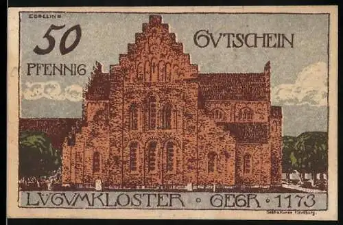 Notgeld Lügumkloster 1920, 50 Pfennig, Klosterabbildung und Pferdemotiv