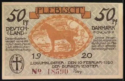 Notgeld Lügumkloster 1920, 50 Pfennig, Klosterabbildung und Pferdemotiv