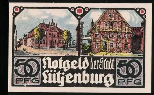 Notgeld Lütjenburg, 50 Pfennig, historische Gebäude und Stadtansicht