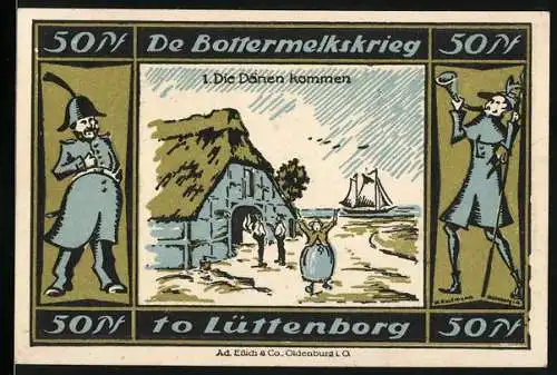 Notgeld Lütjenburg, 1921, 50 Pfennig, De Bottermelkskrieg Die Dänen kommen