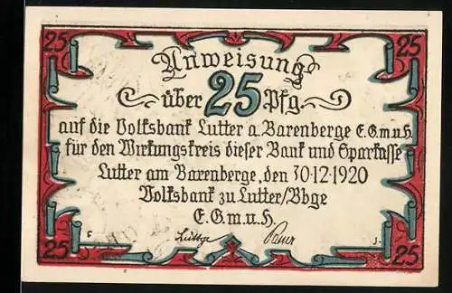 Notgeld Lutter am Barenberge 1920, 25 Pfennig, Anweisung über 25 Pfennig und Schlacht bei Lutter a.B