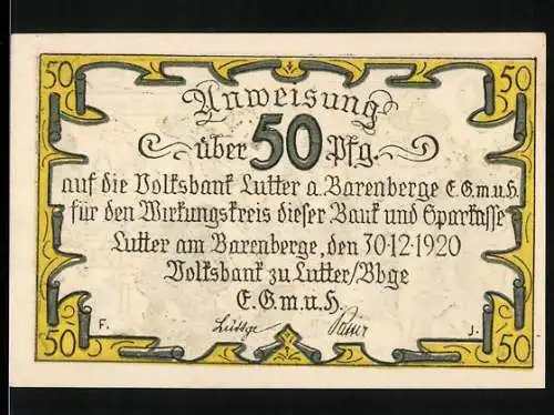 Notgeld Lutter am Barenberge 1920, 50 Pfennig, Volksbank Lutter am Barenberge, kaiserliches Lager nach Schlacht