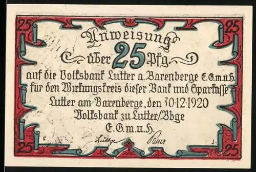 Notgeld Lutter am Barenberge 1920, 25 Pfennig, Anweisung und historische Schlachtszene