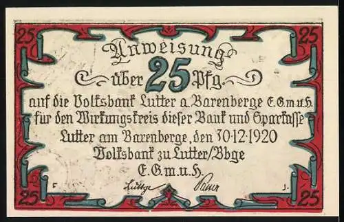 Notgeld Lutter am Barenberge 1920, 25 Pfennig, Szene nach der Schlacht bei Lutter am Barenberge und Anweisungstext