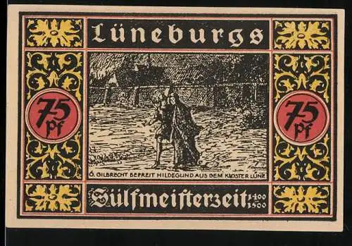 Notgeld Lüneburg, 1921, 75 Pf., Vorderseite: Gilbrecht befreit Hildegund aus dem Kloster Lüne