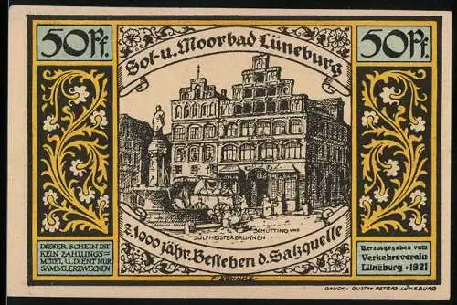 Notgeld Lüneburg 1921, 50 Pf, Sol- und Moorbad Lüneburg mit Sülfmeisterbrunnen und mittelalterliche Szene