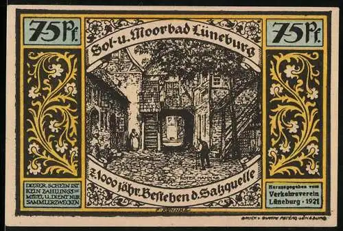 Notgeld Lüneburg 1921, 75 Pf., Sol- und Moorbad Lüneburg, 1000 Jahre Salzquelle, Sülfmeisterzeit 1400-1500