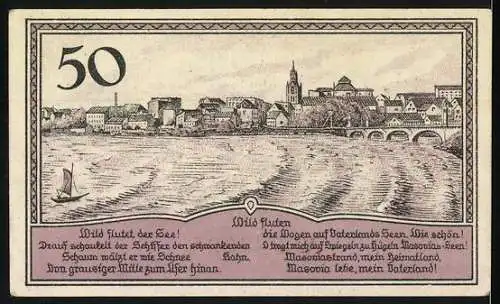 Notgeld Lyck 1920, 50 Pfennig, Stadtwappen und Stadtansicht am Fluss