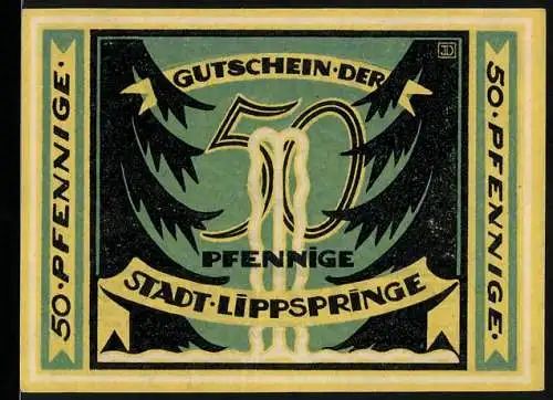 Notgeld Bad Lippspringe 1921, 50 Pfennig, grüne Landschaft mit Bäumen und Figuren am Bach