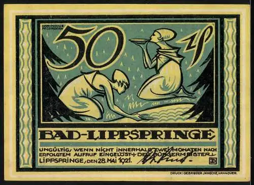 Notgeld Bad Lippspringe 1921, 50 Pfennig, grüne Landschaft mit Bäumen und Figuren am Bach