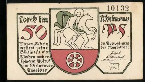 Notgeld Lorch im Rheingau 1920, 50 Pfennig, Reiter auf Pferd und Personen mit Weinfässern