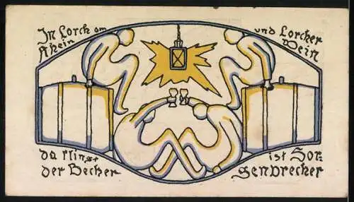 Notgeld Lorch im Rheingau 1920, 50 Pfennig, Reiter auf Pferd und Personen mit Weinfässern