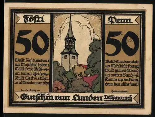 Notgeld Lunden 1921, 50 Pfennig, Kirche und Wappen mit Adler und Zepter