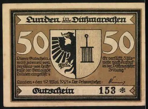 Notgeld Lunden 1921, 50 Pfennig, Kirche und Wappen mit Adler und Zepter