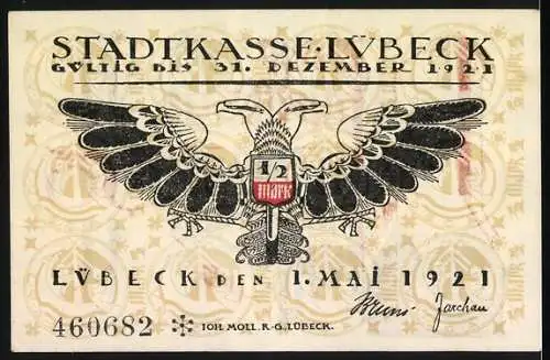 Notgeld Lübeck 1921, 50 Pfennig, Reichsadler und gotische Schrift, gültig bis 31. Dezember 1921