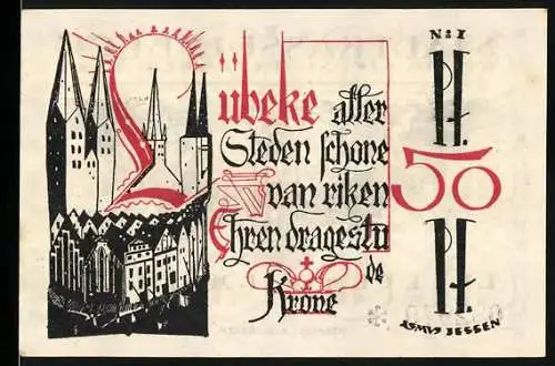 Notgeld Lübeck, 1921, 50 Pf, Stadtansicht und Adler, gültig bis 31. Dezember 1921