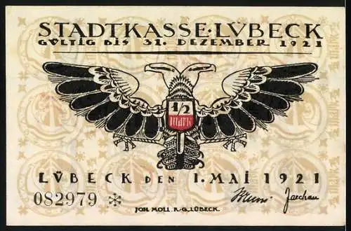 Notgeld Lübeck, 1921, 50 Pf, Stadtansicht und Adler, gültig bis 31. Dezember 1921