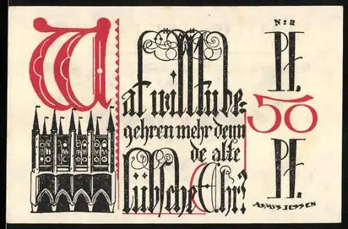 Notgeld Lübeck 1921, 50 Pfennig, Stadtwappen und gotische Schrift, gültig bis 31. Dezember 1921