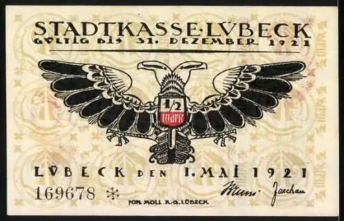 Notgeld Lübeck 1921, 50 Pfennig, Stadtwappen und gotische Schrift, gültig bis 31. Dezember 1921