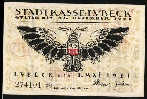 Notgeld Lübeck 1921, 1 /2 Mark, Adler und gotische Schrift mit Gebäude und rotem W