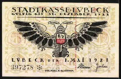 Notgeld Lübeck 1921, 50 Pfennig, Stadtansicht und Schriftzug, Adler mit Stadtwappen