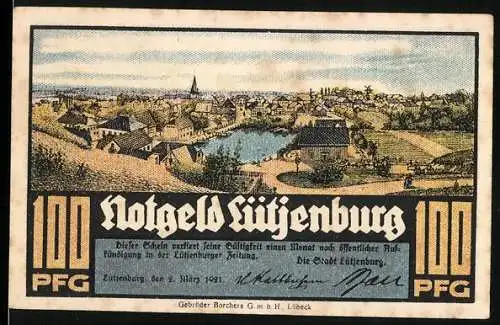 Notgeld Lütjenburg 1921, 100 Pfg, Stadtansicht und Gebäude mit Wappen und Gedicht