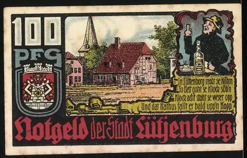 Notgeld Lütjenburg 1921, 100 Pfg, Stadtansicht und Gebäude mit Wappen und Gedicht