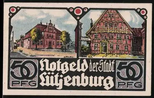 Notgeld Lütjenburg, 50 Pfennig, bunte Darstellungen von Gebäuden und Stadtansicht