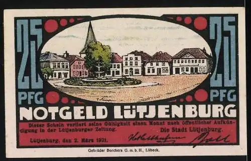 Notgeld Lütjenburg 1921, 25 Pfennig, Vorderseite mit Turm und Gebäude, Rückseite mit Stadtansicht und Text