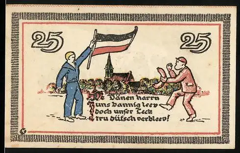 Notgeld Leck, 1920, 25 Pfennig, Zwei Männer mit Flagge und Wappen der Gemeinde Leck